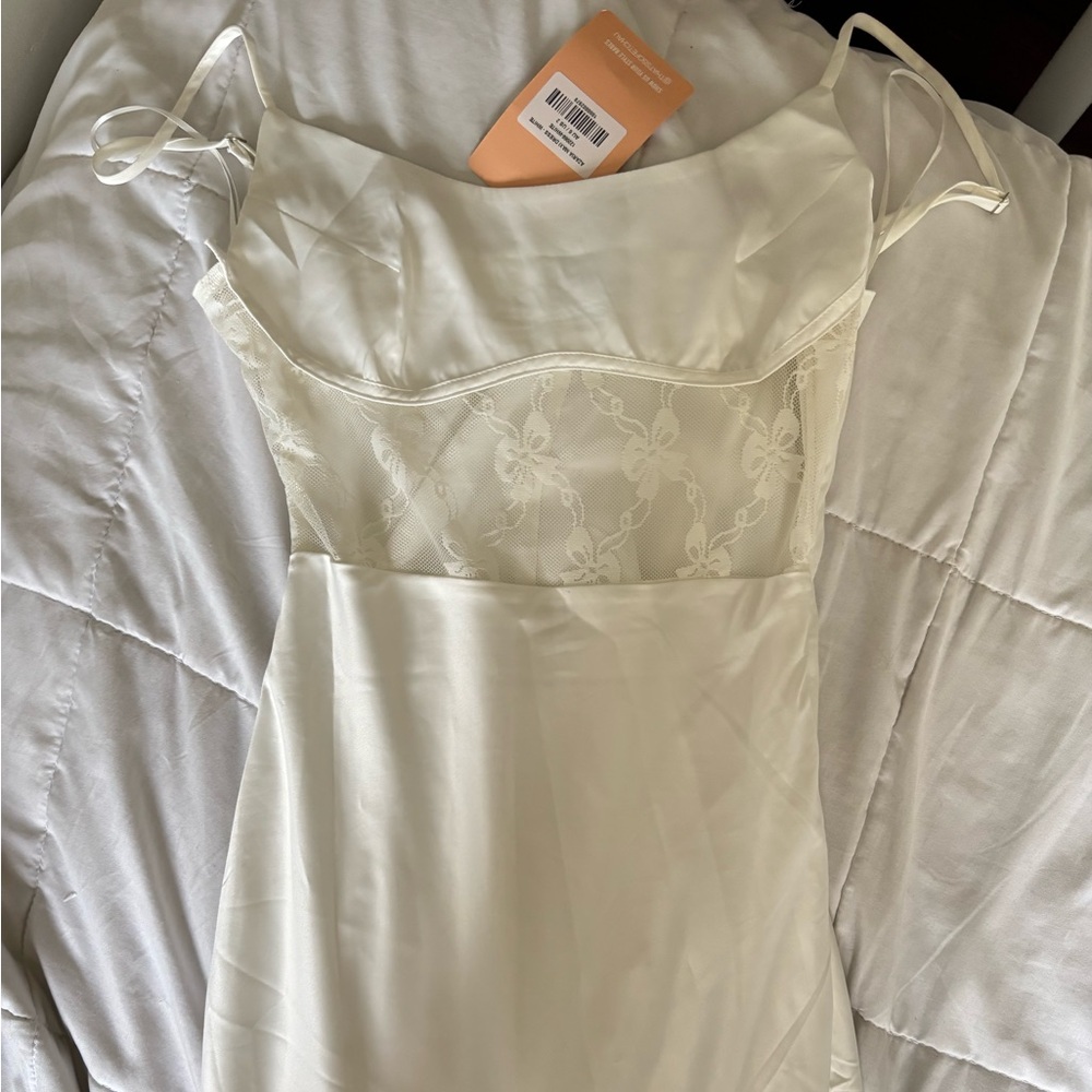 Elegant White Satin Dress with Lace Detail